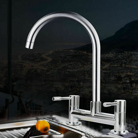 Kitchen Sink Mixer Taps, 2 Hole 1/4 Turn Dual Lever Chrome 360° Swivel Spout