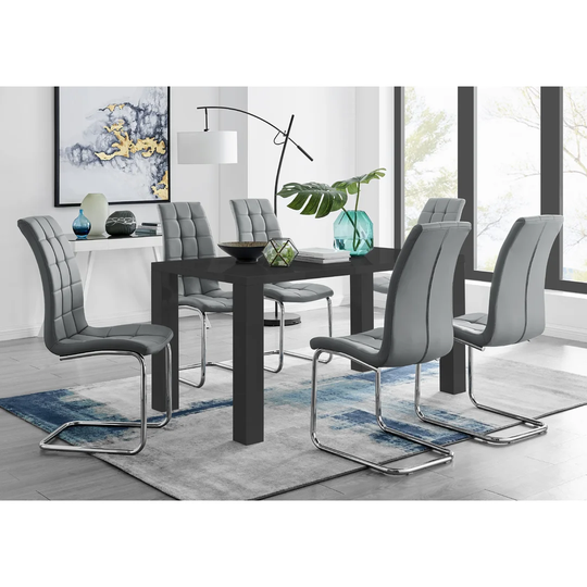 Pivero 6 Black Dining Table And 6 Grey Murano Chairs
