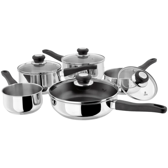 Judge Vista 5 Piece Stainless Steel Pan Set with Glass Lids, 14/16/18/20cm Saucepans / 24cm Non-Stick Saute Pan with Lid