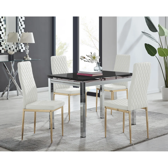 Enna Black Glass Extending Dining Table And 4 White Gold Leg Milan Chairs