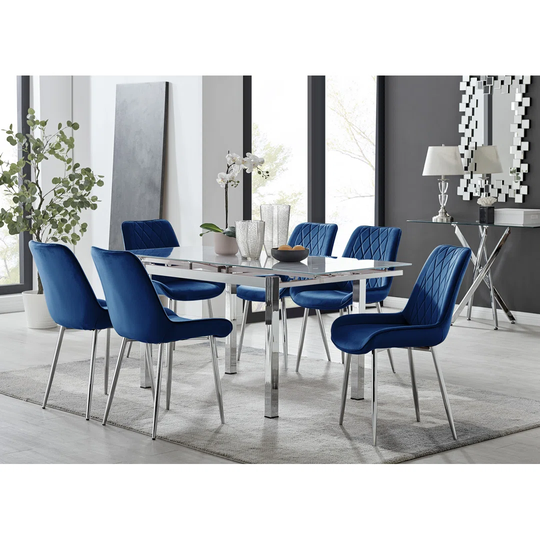 Enna White Glass Extending Dining Table And 4 Navy Pesaro Black Leg Chairs