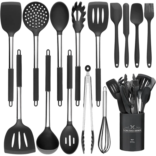 Silicone Kitchen Utensils Set Heat Resistant Silicone Kitchen Utensil Set With Stainless Steel Handles For Cooking And Baking, Non-Stick Coating, 15 P
