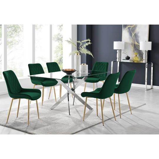 Leonardo 6 Dining Table And 6 Green Pesaro Gold Leg Chairs