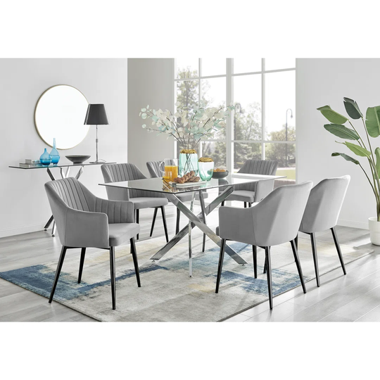 Leonardo Glass And Chrome Dining Table & 6 Grey Calla Black Leg Velvet Chairs