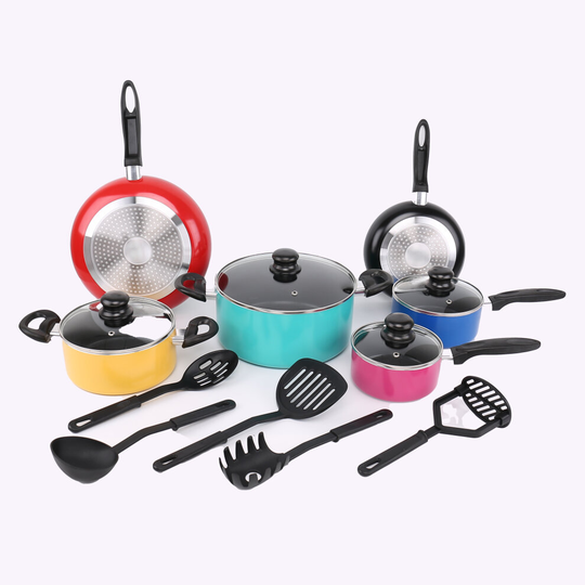 Multi Coloured 15 Piece Induction Non Stick Kitchen Cookware Set Frying Fry Pan Cooking Utensils Casserole Pot Saucepan Lid