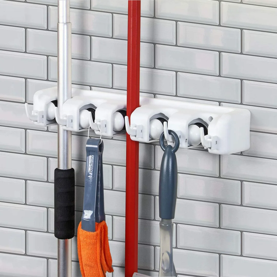 Wall Mounted Broom & Tool Organizer | Broom Mop Storage Rack With 5 Rubber-gripped Balls | Strong & Sturdy | With 5 Position 6 Hooks | Ideal For Kitch