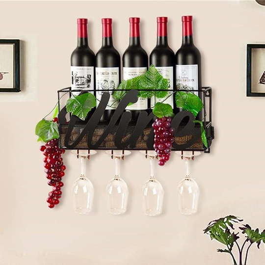 Hightsville 4 Bottle Wall Mounted Wine Bottle & Glass Rack in Black