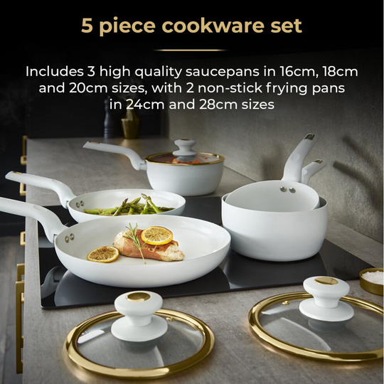Tower Cavaletto 5 Piece Cookware Set White & Gold. 5 Year Guarantee