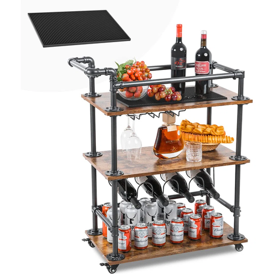 Bar Serving Cart For Home, 3-Tier Industrial Vintage Style Bar Cart, Rolling Wood Metal Kitchen Utility Cart With Wine Rack And Glass Holder, Serving
