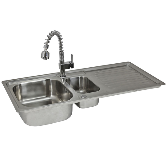 Reversible Kitchen Sink Stainless Steel 1.5 Bowl Pull Out Mixer Tap & Waste Kit