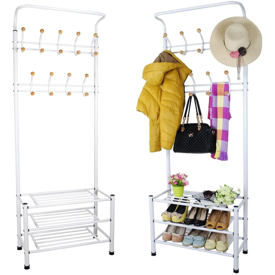 Loucks Steel 9 - Hook Freestanding Coat Stand with Storage in White