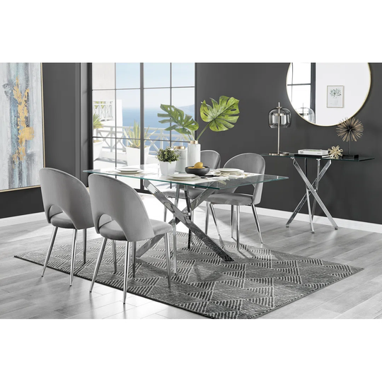 Leonardo Glass And Chrome Dining Table & 4 Grey Arlon Silver Leg Chairs