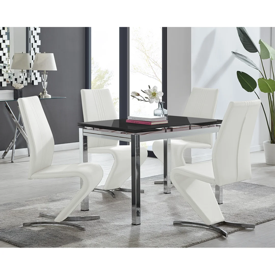 Enna Black Glass Extending Dining Table And 4 White Willow Chairs