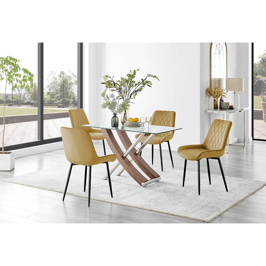 Mayfair Glass & Brown Wood Effect Dining Table & 4 Mustard Pesaro Black Leg Chairs