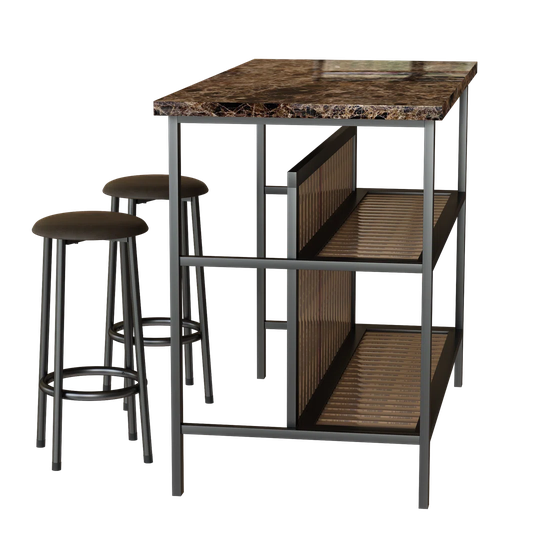 3-Piece Kitchen Island Set With 2 Stools And 2 Open Shelves, Faux Marble Dining Table Set Prep Table Set With Seating And Shelves For Small Places, Ma
