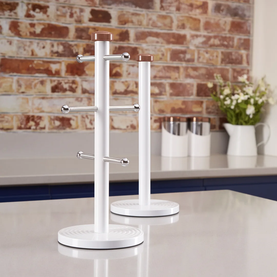 Tower T826002RW Linear Kitchen Roll Holder and Mug Tree with Weighted Base, Stainless Steel, White and Rose Gold, 15 x 15 x 36.5 cm