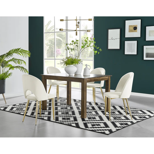Anders Dark Walnut Solid Wood Dining Table & 4 Cream Arlon Gold Leg Chairs