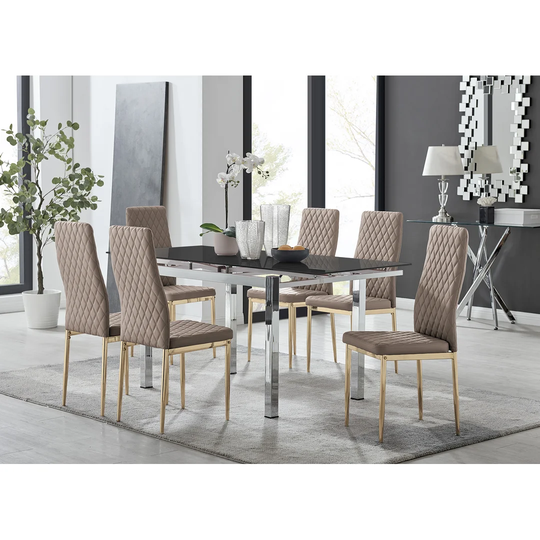 Enna Black Glass Extending Dining Table And 6 Cappuccino Gold Leg Milan Chairs