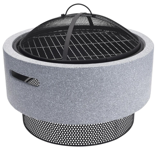 idooka Round Fire Bowl Pit with American Style Charcoal BBQ for Outdoor Garden and Patio - MGO Stone Effect and Chrome Mesh Grill