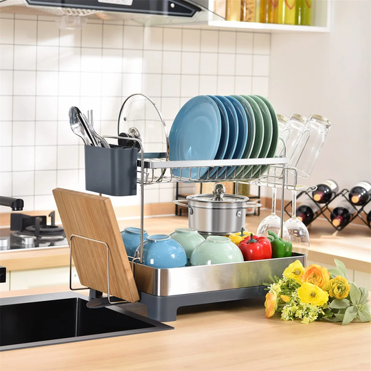 Dish Drying Rack, 2-Tier Dish Rack With Large Capacity, Multifunctional Dish Drainer With 360° Drainboard Set, Rustproof & Durable With Cutting Board