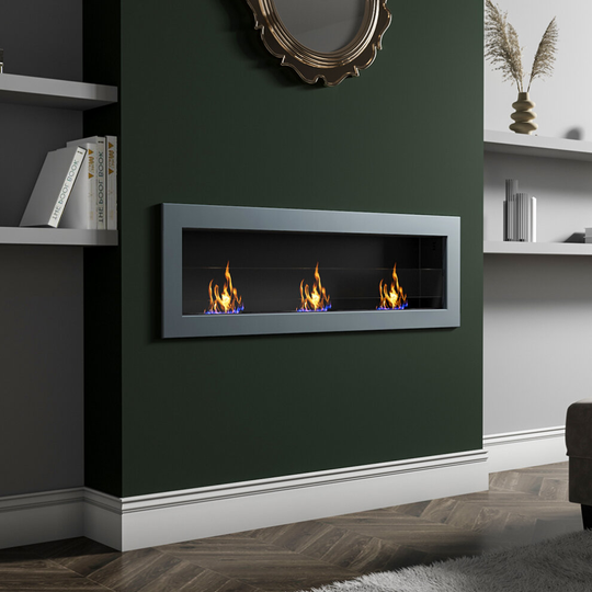 (140CM Anthracite) Indoor Wall Mounted Recessed Bio Ethanol Fireplace Realistic Flame