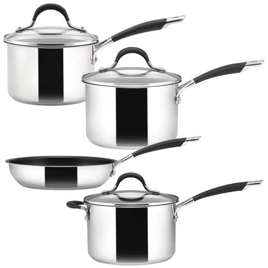 Circulon Momentum 4 Piece Stainless Steel Induction Non Stick dishwasher safe frying pans and saucepans set, with glass lids