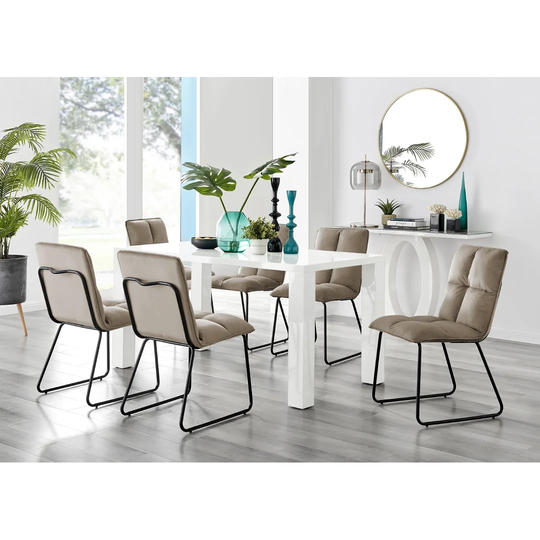 Pivero White High Gloss Dining Table & 6 Taupe Menen Chairs