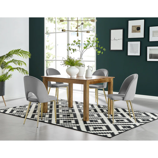 Anders Honey Solid Wood Dining Table & 4 Grey Arlon Gold Leg Chairs