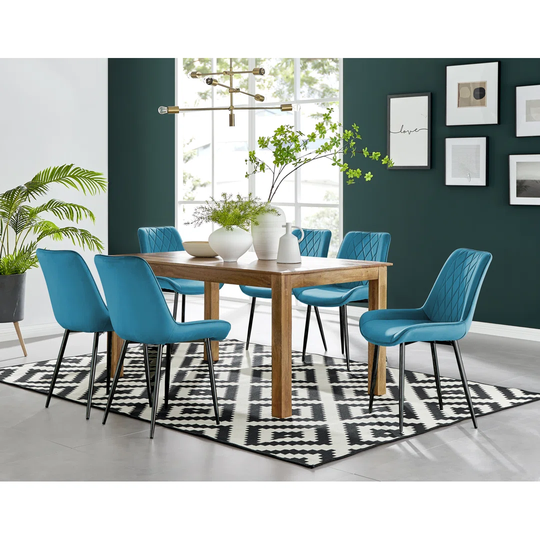 Anders Honey Solid Wood Dining Table & 6 Blue Pesaro Black Leg Chairs