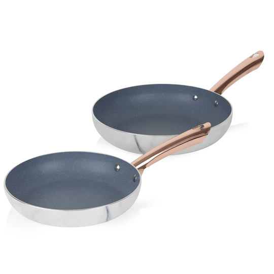 Tower T800060WR 2 Piece Frying Pan Set with Infinistone Non-Stick, Stainless Steel Handles, 24/28cm, White Marble and Rose Gold