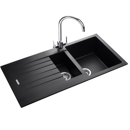 Rangemaster Andesite Kitchen Sink 1.5 Bowl Black Granite Inset Reversible Waste