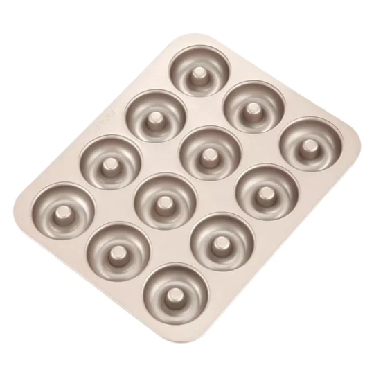 CHEFMADE |12Er Donutform |Donuts Rund | 325X258x22mm | Champagnergold | Antihaft- & Silikonbeschichtet | Donutblech | Donutbackform | Karbonstahl