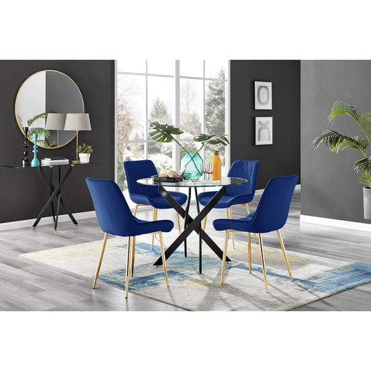 Novara Black Leg Round Glass Dining Table & 4 Navy Pesaro Gold Leg Chairs