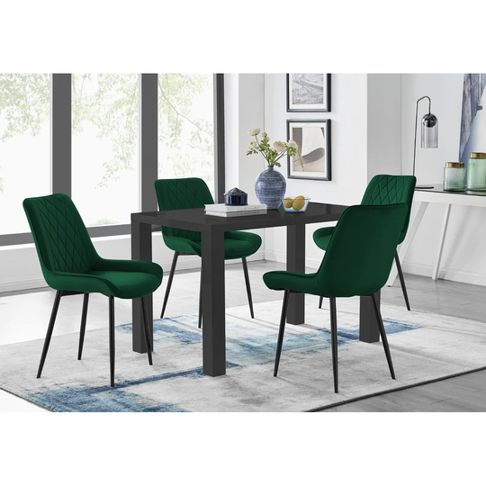 Pivero 4 Black Dining Table And 4 Green Pesaro Black Leg Chairs