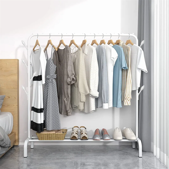 Metal Clothes Rail Garment Rack, Heavy Duty Coat Rail With 1 Tier Lower Storage Shelf And 8 Side Hooks For Hanging Clothes, Stand Rail Hanger Organise