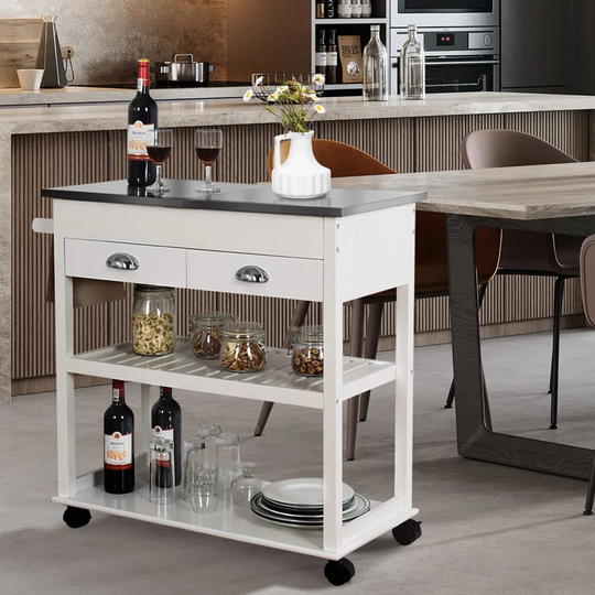 Kitchen Island Sideboard With Stainless Steel Worktop, Rolling Kitchen Trolley Cart