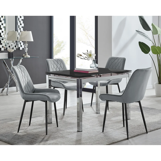 Enna Black Glass Extending Dining Table And 4 Grey Pesaro Black Leg Chairs