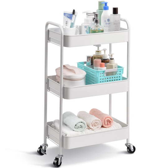 3-Tier Rolling Cart, Metal Storage Trolley With Lockable Wheels,Mobile Storage Cart Rack Shelves For Office,Bathroom,Classroom,Kitchen Serving Trolley