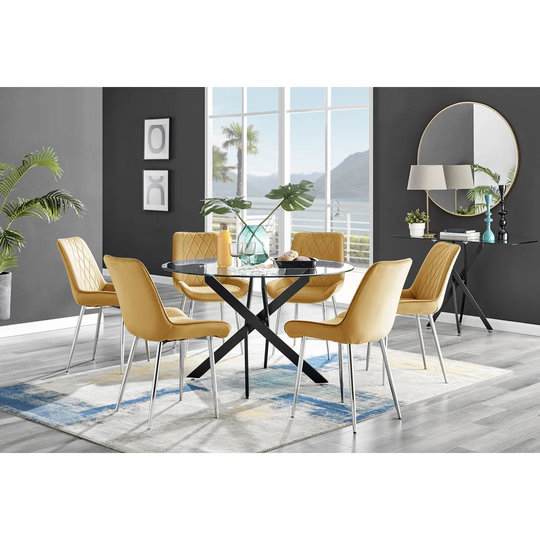 Novara Black Leg 120Cm Round Glass Dining Table & 6 Mustard Pesaro Silver Leg Chairs