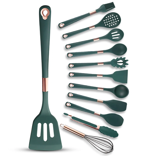 Silicone Kitchen Utensils Set - High-Quality Heat Resistant Kitchen Utensils For Cooking - Complete 12Pc Utensils Set For Kitchen - Ergonomic Ac