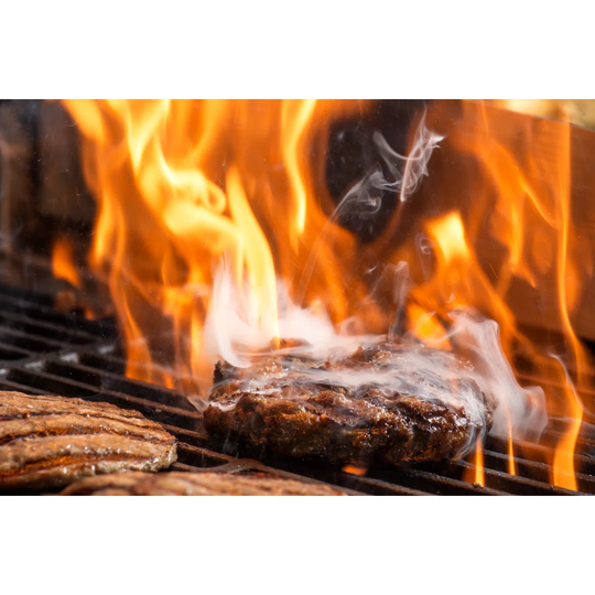 hamburgers Cooking on Grill with Flames - Wrapped Canvas Photograph