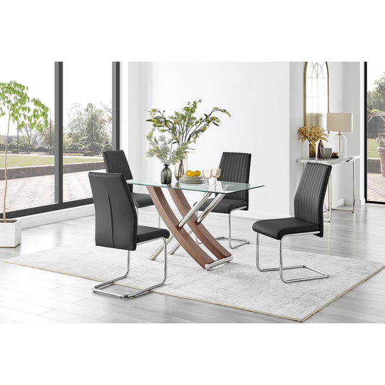 Mayfair Glass & Brown Wood Effect Dining Table & 4 Black Lorenzo Chairs