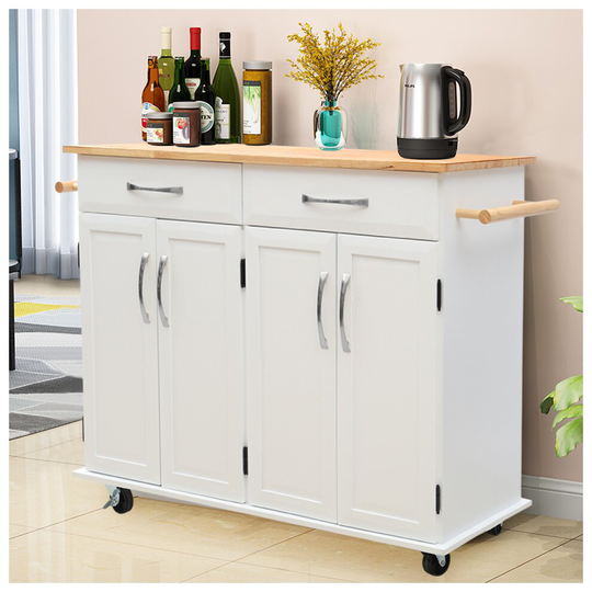 Lockable Kitchen Cart Rolling Dining Trolley Cabinet 2 Drawer 4 Door Compartment