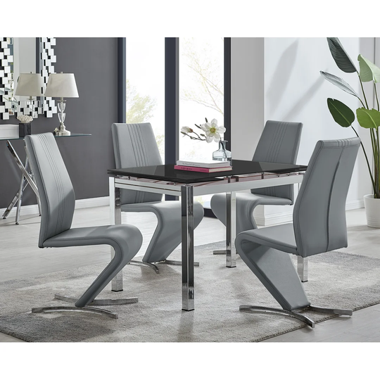 Enna Black Glass Extending Dining Table And 4 Grey Willow Chairs
