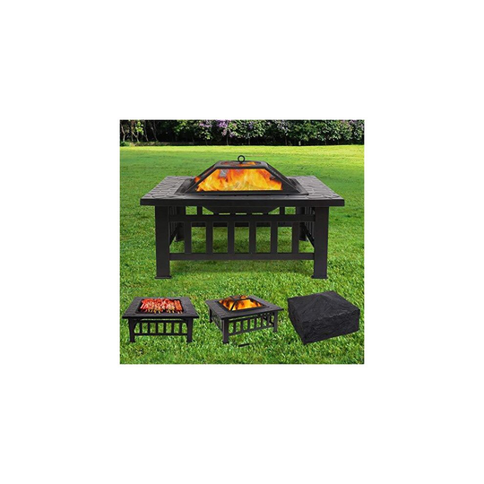 Femor [Upgraded] Large 3 in 1 Fire Pit with BBQ Grill Shelf,Outdoor Metal Brazier Square Table Firepit Garden Patio Heater/BBQ/Ice Pit with Waterpro