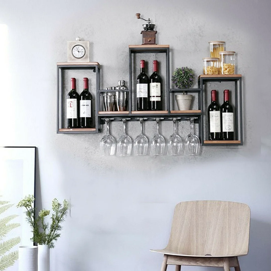 Oxly Solid Wood Wall Mounted Wine Bottle & Glass Rack in Black