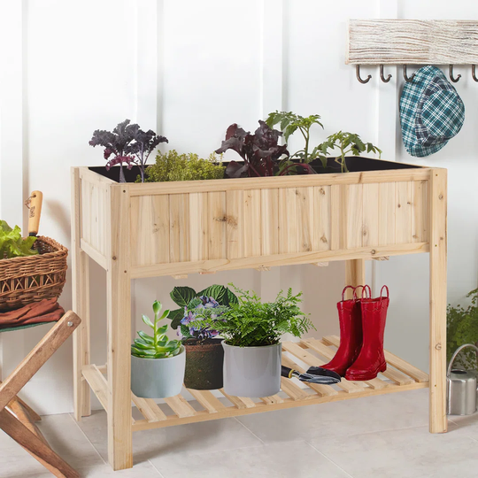 120 X 58Cm Wooden Raised Garden Bed Elevated Planter Box With Bottom Shelf & Bed Liner Outdoor Garden Bed