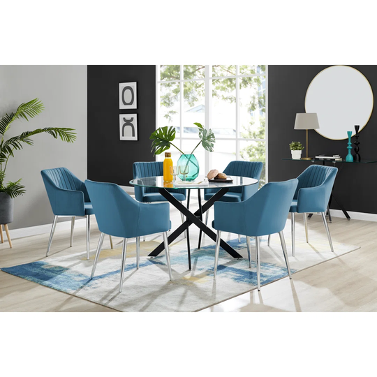 Novara Black Leg Round Glass Dining Table & 6 Blue Calla Silver Leg Chairs