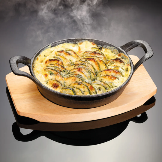 Judge Sizzle & Serve, 15cm Cast Iron Gratin Dish on server board