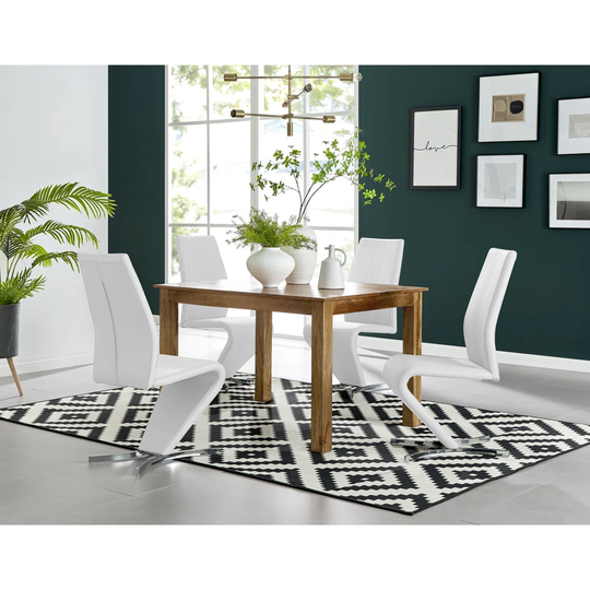 Anders Honey Solid Wood Dining Table & 4 White Willow Chairs